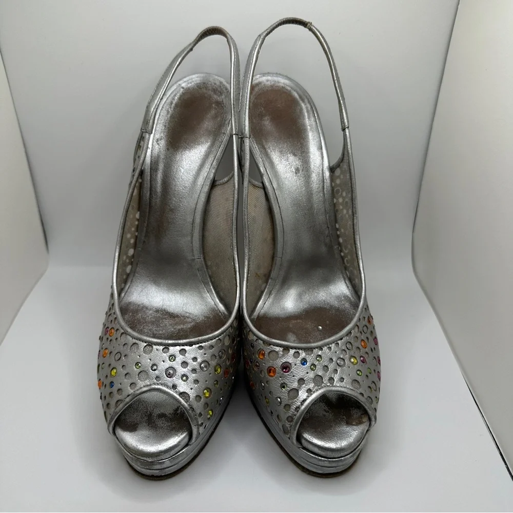 Casadei Women’s Slingback Heels‎ Womens Sandal Silver Multi Strass Size 8